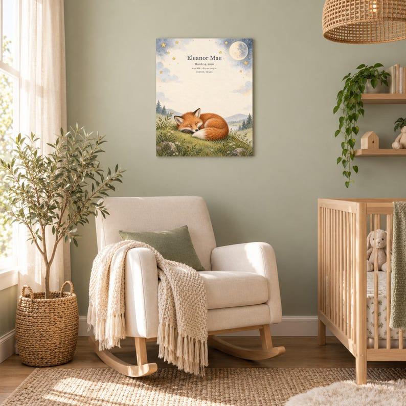 Moonlit fox canvas in a nursery on a sage green wall above a cream rocking chair, showing sample name Eleanor Mae and birth details.