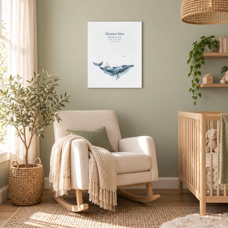 Moonlit whale canvas in a nursery on a sage green wall above a cream rocking chair, showing sample name Eleanor Mae and birth details.