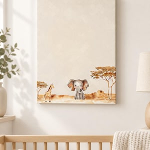 Wrapped safari nursery canvas with a watercolor baby elephant, giraffe and acacia trees displayed above a natural wood crib.