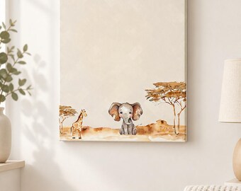 May include: A rectangular wall canvas featuring a watercolor illustration of a small gray elephant sitting in the center, accompanied by a giraffe to the left and two acacia trees on a light beige background with a warm, earthy landscape.