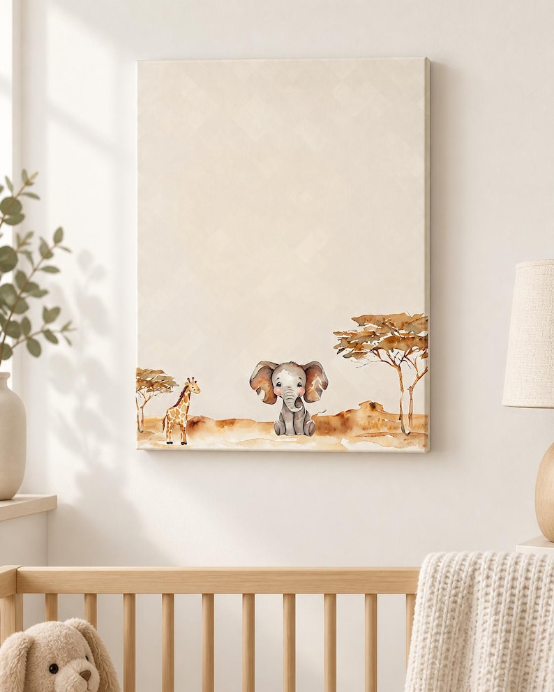 Wrapped safari nursery canvas with a watercolor baby elephant, giraffe and acacia trees displayed above a natural wood crib.