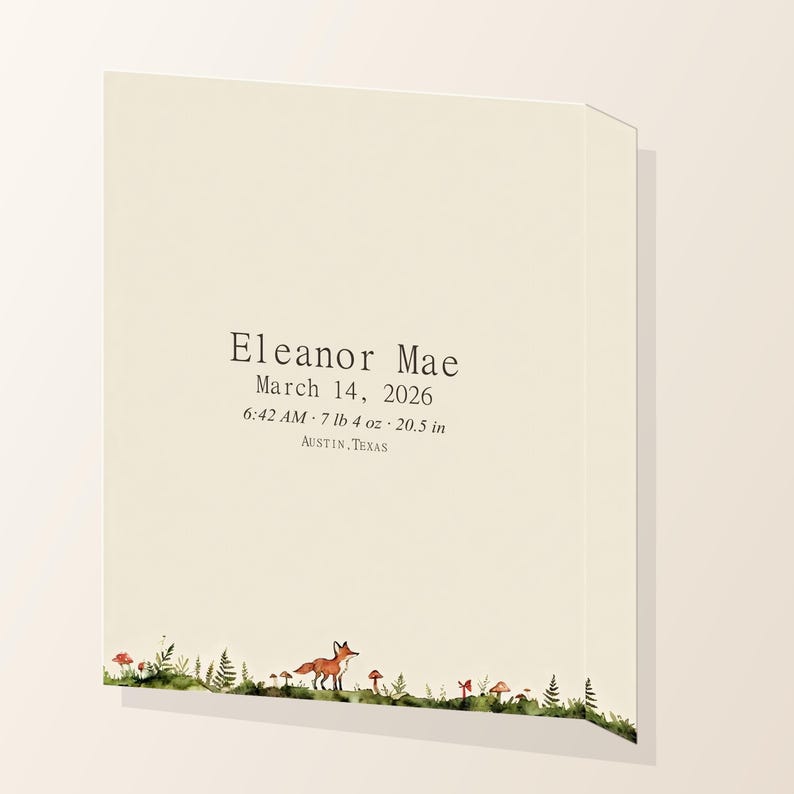 Angled close view of woodland personalized baby birth stats canvas showing the printed wrapped edge.