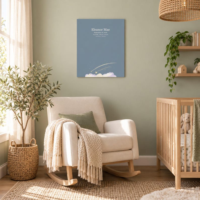 Shooting star canvas in a nursery on a sage green wall above a cream rocking chair, showing sample name Eleanor Mae and birth details.