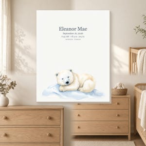 Puede incluir: Un cuadro decorativo rectangular con un osezno polar blanco descansando sobre un bloque de hielo azul claro. El texto dice: Eleanor Mae, 16 de septiembre de 2026, 6:42 AM, 3,29 kg, 52,07 cm, Austin, Texas. El diseño está sobre un fondo blanco.