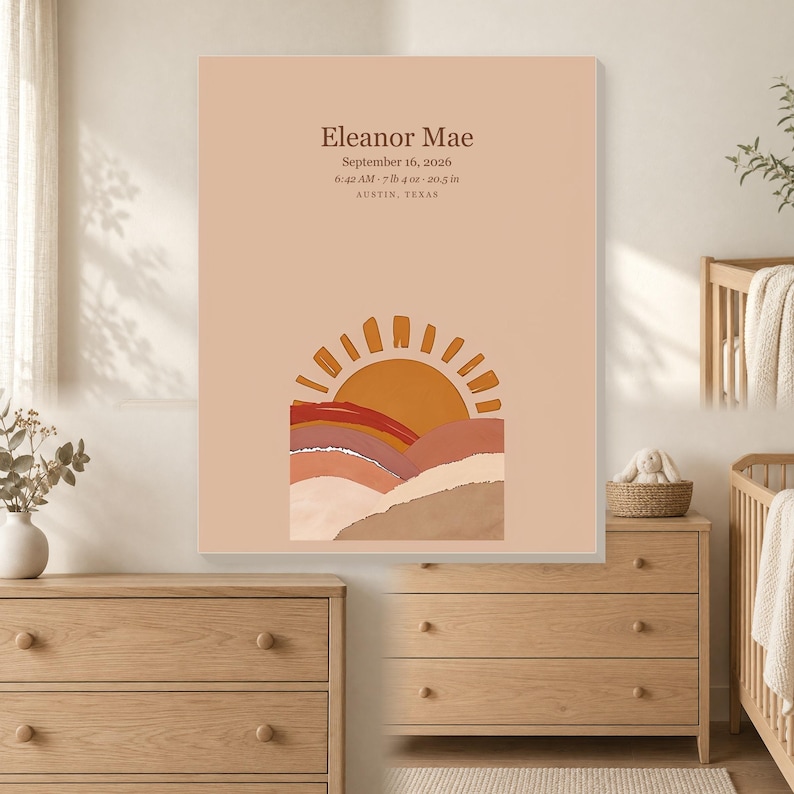 Personalized boho sun baby birth stats canvas in warm neutral tones