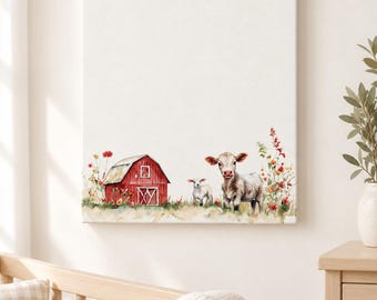 May include: A rectangular canvas wall art piece featuring a watercolor illustration of a red barn, a small white lamb, and a calf standing in a field of colorful wildflowers. The artwork is set against a plain white background on the canvas.