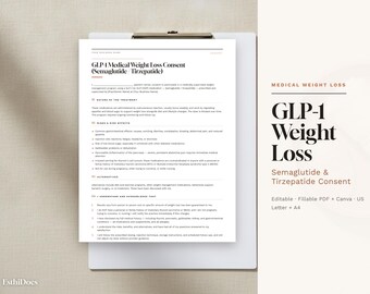 GLP-1減量同意書、編集可能なセマグルチドおよびチルゼパチド同意書、医療減量クリニック、記入可能なPDF