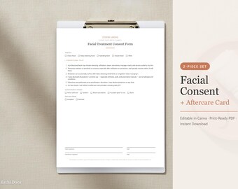 エステティシャン向けフェイシャル同意書およびアフターケアカード、編集可能なクライアントテンプレート（Canva PDF）
