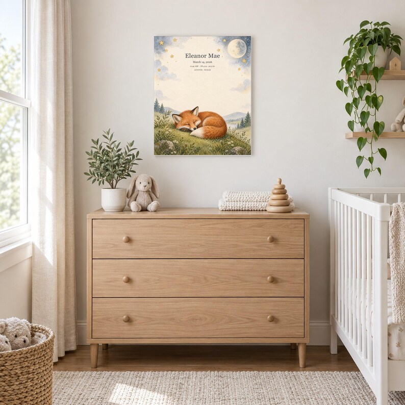 Moonlit fox canvas in a nursery above a light oak dresser beside a white crib, showing sample name Eleanor Mae and birth details.