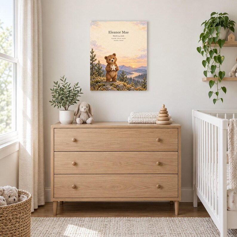 Woodland bear canvas in a nursery above a light oak dresser beside a white crib, showing sample name Eleanor Mae and birth details.