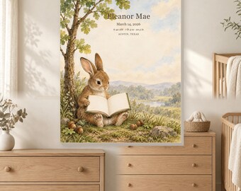 May include: A rectangular wall art print featuring a watercolor illustration of a brown rabbit sitting under a tree reading an open book. The text reads Eleanor Mae, March 14, 2026, 6:42 AM, 7 lb 4 oz, 20.5 in, and Austin, Texas, set against a landscape.