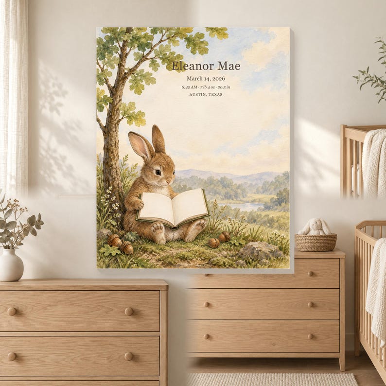 Personalized storybook rabbit birth stats keepsake canvas