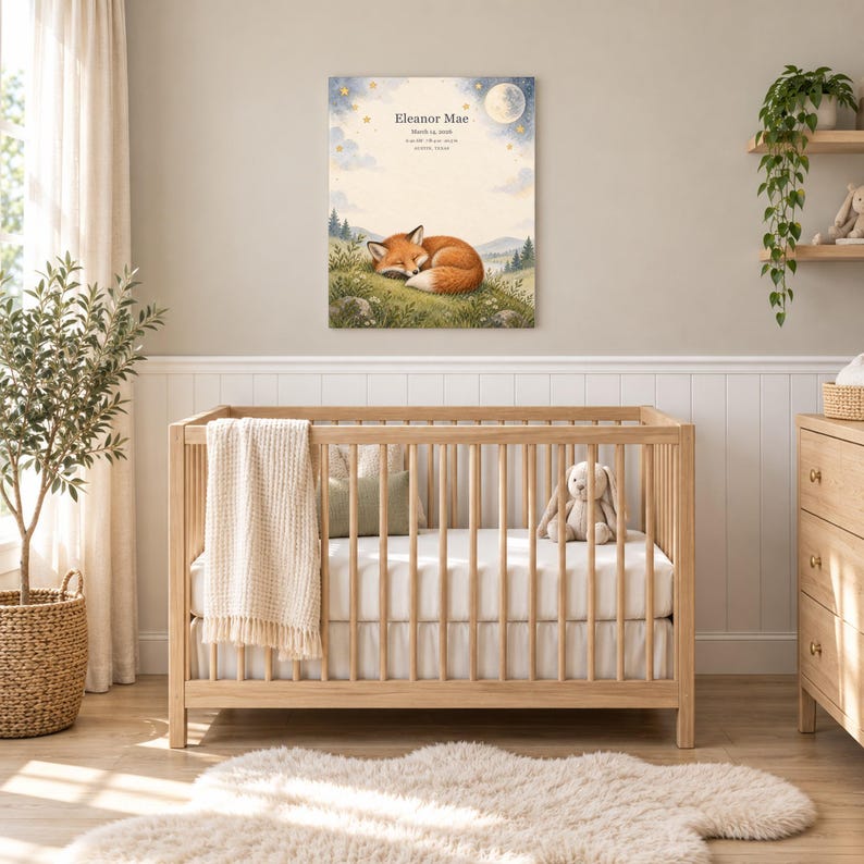 Moonlit fox canvas in a nursery on a greige wall above a wooden crib and white wainscoting, showing sample name Eleanor Mae and birth details.