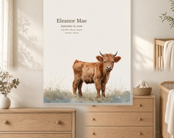 May include: A rectangular wall art print featuring a fluffy brown Highland calf standing in a field of grass. The text reads Eleanor Mae, September 16, 2026, 6:42 AM, 7 lb 4 oz, 20.5 in, and Austin, Texas, printed in dark brown lettering.