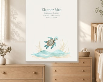 May include: A rectangular wall art print featuring a watercolor illustration of a sea turtle swimming above blue waves and beige sand. The text reads Eleanor Mae, September 16, 2026, 6:42 AM, 7 lb 4 oz, 20.5 in, and AUSTIN, TEXAS in dark grey.
