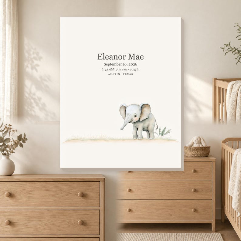 Personalized baby elephant birth stats canvas for a safari nursery