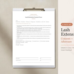 May include: A white paper document titled Lash Extension Consent Form on a clipboard. The form includes sections for business name, service selection, client understandings, and signature lines. The text is black on a white background.
