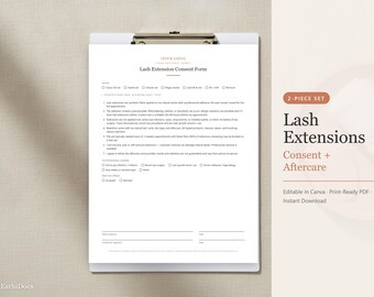 まつげエクステ同意書＋アフターケアカード、編集可能なまつげエクステ技術者向けテンプレート（即時ダウンロード）