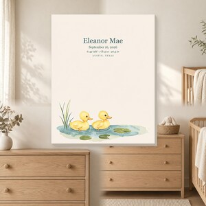 Personalized duckling baby birth stats canvas for a gender neutral nursery