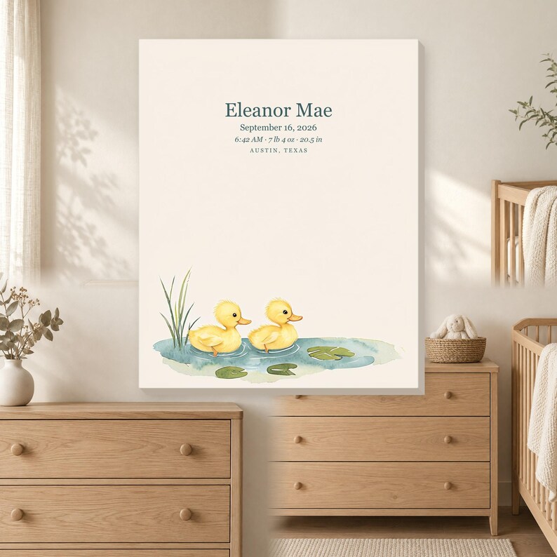 Personalized duckling baby birth stats canvas for a gender neutral nursery