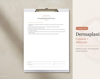ダーマプレーニング同意書およびアフターケアカード、編集可能なエステティシャン用テンプレート（Canva PDF）