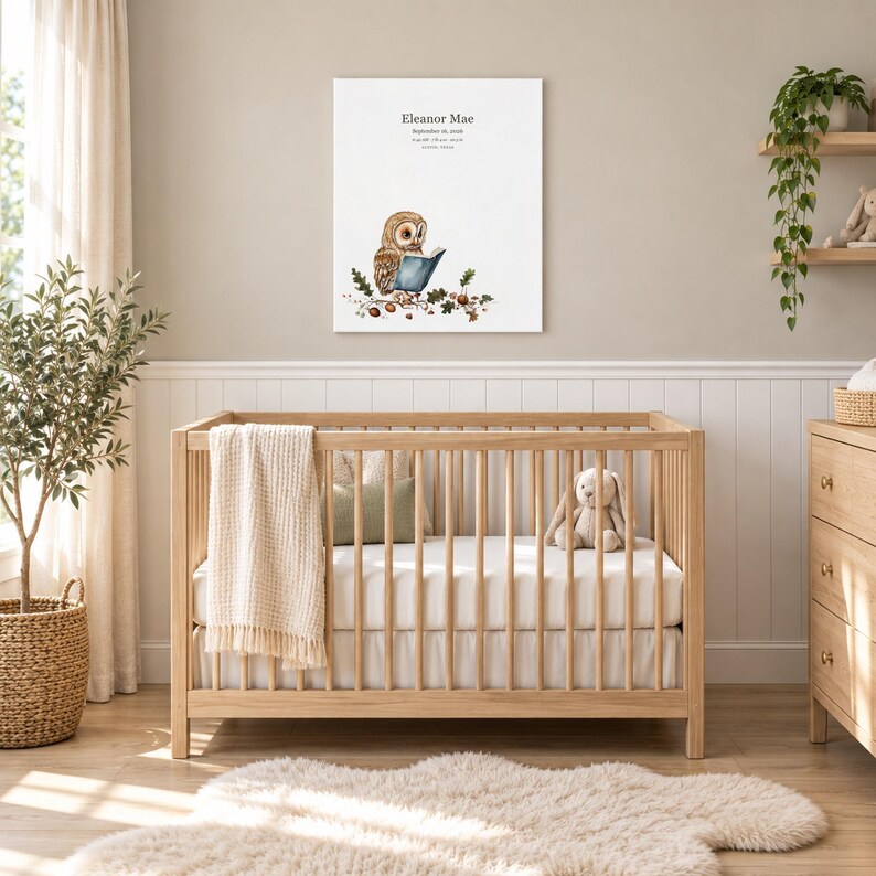 Storybook owl canvas in a nursery on a greige wall above a wooden crib and white wainscoting, showing sample name Eleanor Mae and birth details.