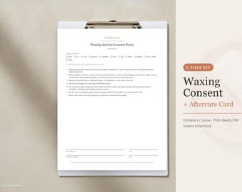 ワックス脱毛同意書およびアフターケアカード、編集可能な顧客受付テンプレート（即時ダウンロード）