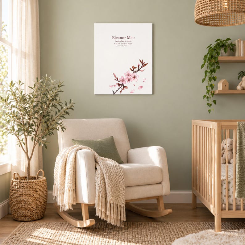 Cherry blossom canvas in a nursery on a sage green wall above a cream rocking chair, showing sample name Eleanor Mae and birth details.