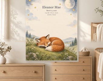 May include: A rectangular wall art print featuring a watercolor illustration of a sleeping fox in a grassy meadow with mountains and trees. The sky displays a moon and stars. Text reads: Eleanor Mae, March 14, 2026, 6:42 AM, 7 lb 4 oz, 20.5 in, AUSTIN, TEXAS.