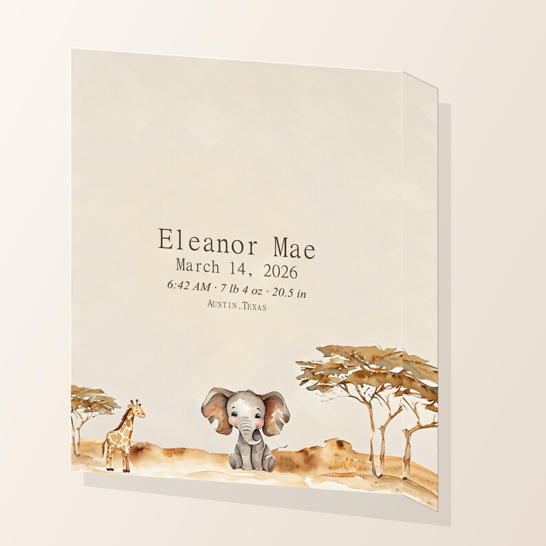 Angled close view of safari personalized baby birth stats canvas showing the printed wrapped edge.
