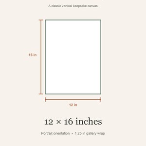 Size guide card titled Made for the nursery showing a 12 x 16 inch portrait canvas with a 1.25 inch gallery wrap.