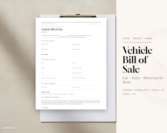車両売買契約書テンプレート、印刷可能な自動車・バイク・ボート用フォーム、VINと走行距離計、入力可能なPDF