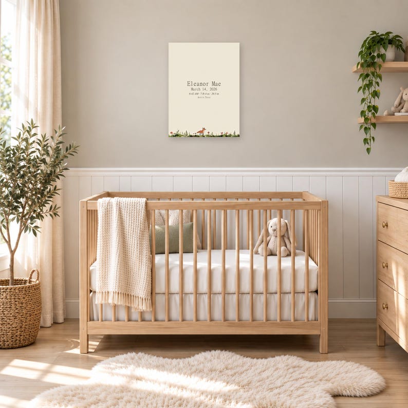 Woodland birth stats sign in a nursery on a greige wall above a wooden crib and white wainscoting, showing sample name Eleanor Mae and birth details.