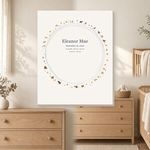 May include: A rectangular wall art print featuring a central light blue circular border surrounded by small brown animal illustrations. The text reads Eleanor Mae, September 16, 2026, 8:42 AM, 7 lb 4 oz, 20.5 in, and Austin, Texas, in dark blue font.