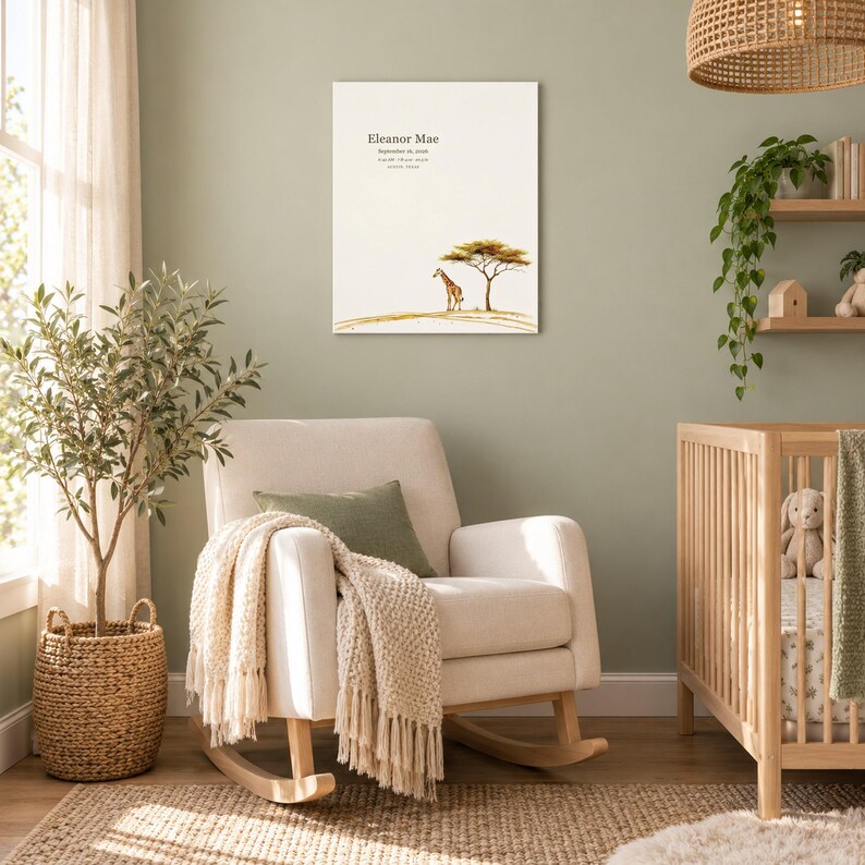 Safari giraffe canvas in a nursery on a sage green wall above a cream rocking chair, showing sample name Eleanor Mae and birth details.