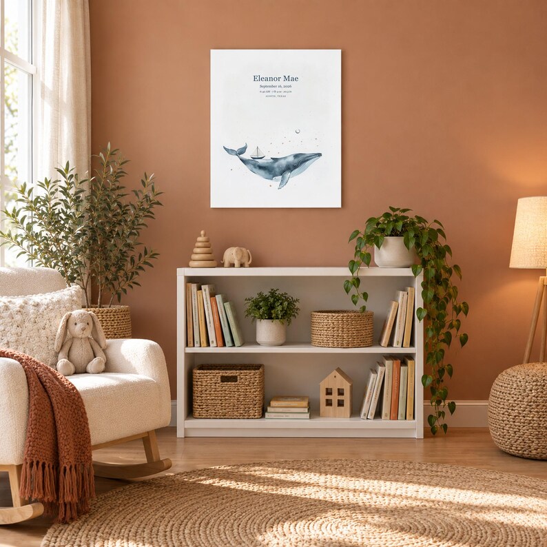 Moonlit whale canvas in a nursery on a terracotta wall above a white bookshelf, showing sample name Eleanor Mae and birth details.