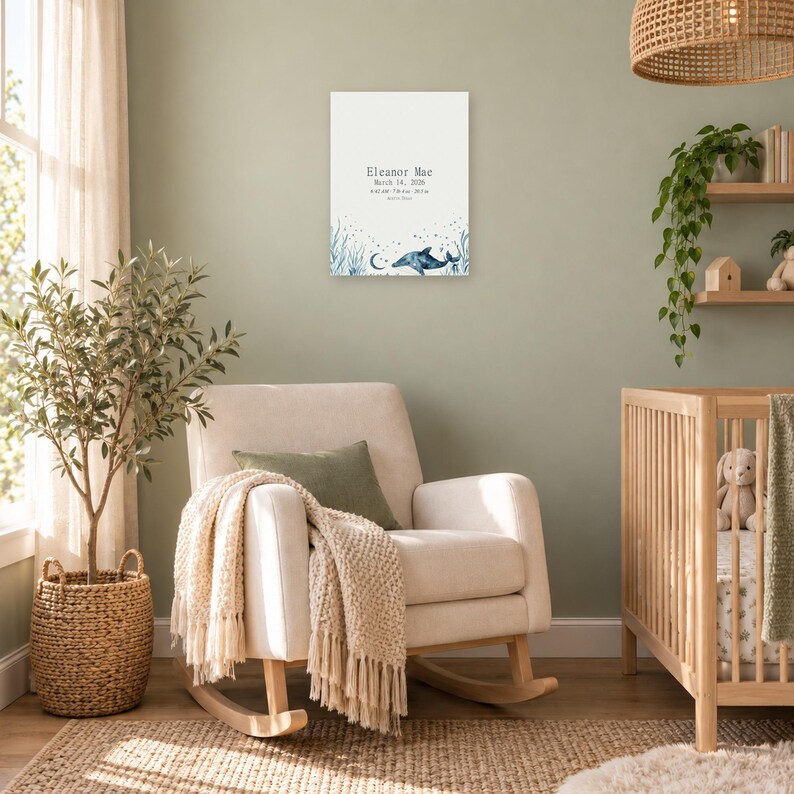 Ocean birth stats sign in a nursery on a sage green wall above a cream rocking chair, showing sample name Eleanor Mae and birth details.
