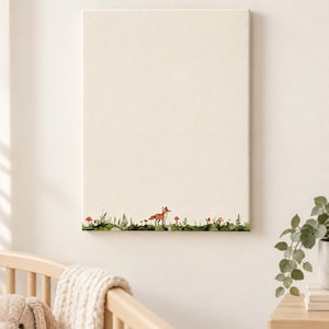 May include: A rectangular canvas wall art piece featuring a cream-colored background with a watercolor illustration along the bottom edge. The design depicts a small orange fox standing amidst green ferns, grasses, and various red-capped mushrooms.