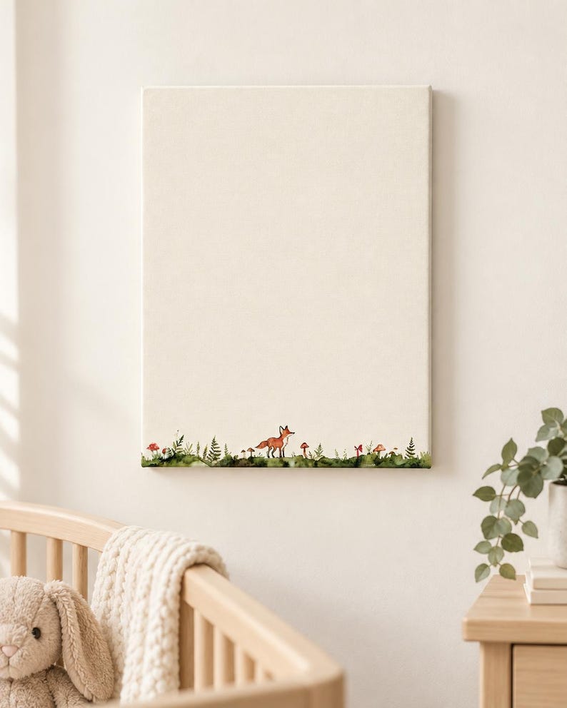 Wrapped woodland nursery canvas with a red fox, mushrooms and forest greenery displayed above a natural wood crib.
