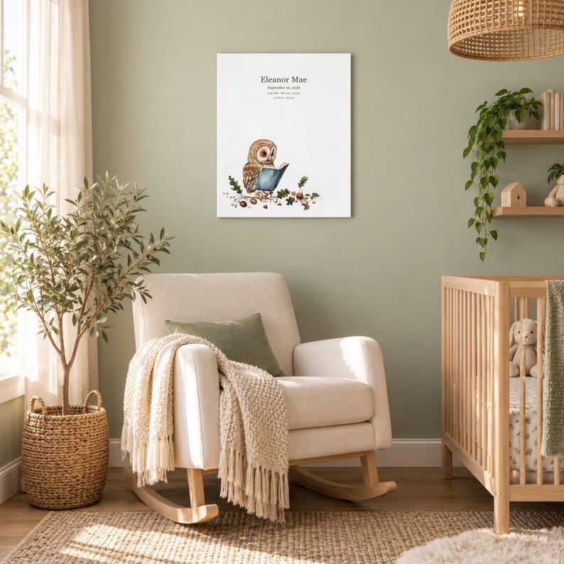 Storybook owl canvas in a nursery on a sage green wall above a cream rocking chair, showing sample name Eleanor Mae and birth details.