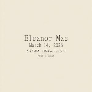 Personalized woodland birth stats canvas with a fox, mushrooms and greenery, showing sample baby name Eleanor Mae and birth details.