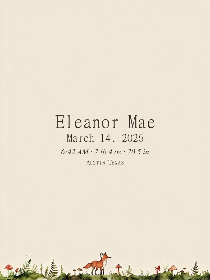 Personalized woodland birth stats canvas with a fox, mushrooms and greenery, showing sample baby name Eleanor Mae and birth details.