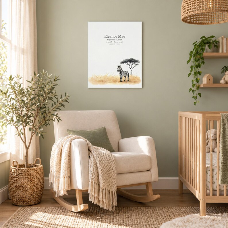 Baby zebra canvas in a nursery on a sage green wall above a cream rocking chair, showing sample name Eleanor Mae and birth details.