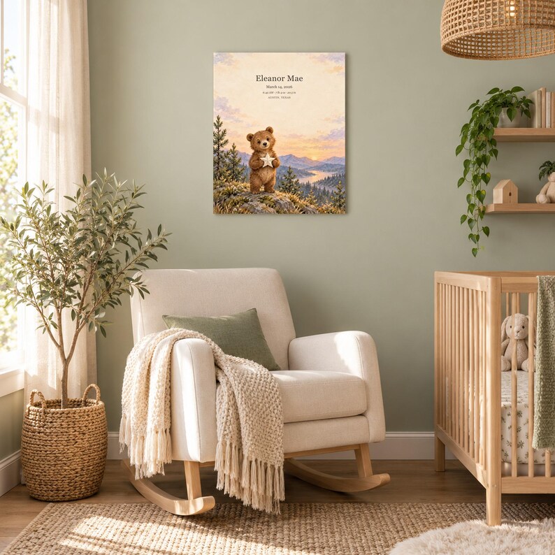 Woodland bear canvas in a nursery on a sage green wall above a cream rocking chair, showing sample name Eleanor Mae and birth details.