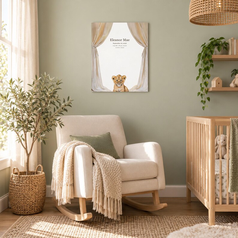 Lion cub canvas in a nursery on a sage green wall above a cream rocking chair, showing sample name Eleanor Mae and birth details.