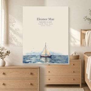 Personalized sailboat baby birth stats canvas for a nautical nursery