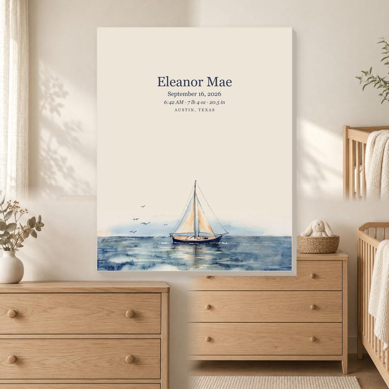 Personalized sailboat baby birth stats canvas for a nautical nursery