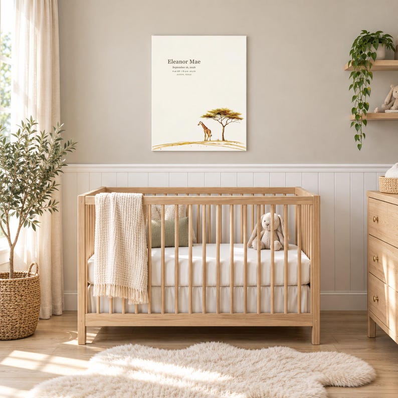 Safari giraffe canvas in a nursery on a greige wall above a wooden crib and white wainscoting, showing sample name Eleanor Mae and birth details.