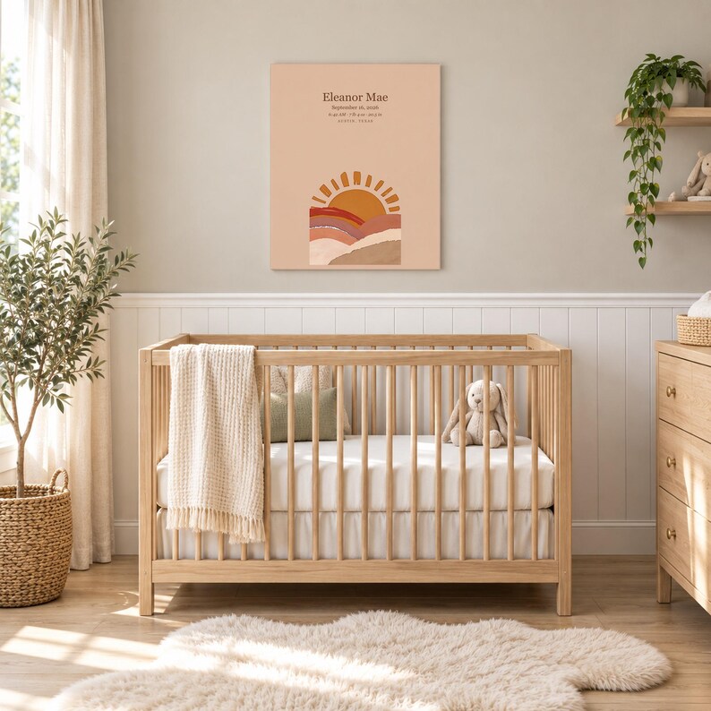 Boho sun canvas in a nursery on a greige wall above a wooden crib and white wainscoting, showing sample name Eleanor Mae and birth details.