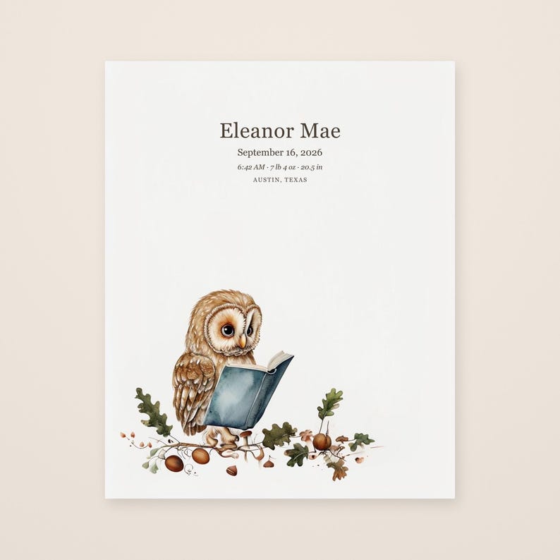 Flat view of the personalized storybook owl birth stats design with sample details for Eleanor Mae above a watercolor owl reading a book on an oak branch with acorns.
